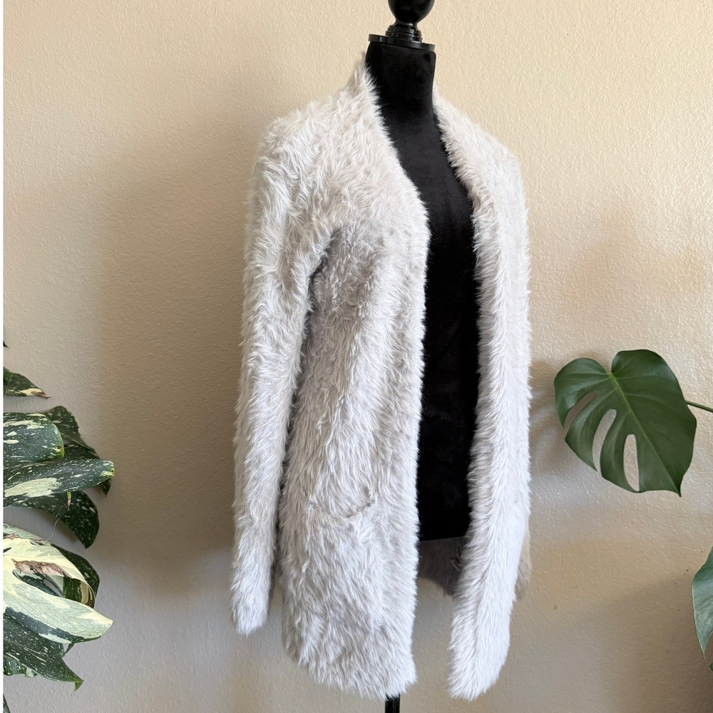 Free People Gray Eyelash Knit Faux Fur Open Front Cardigan Sweater XS Pockets